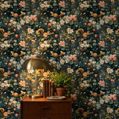 Floral Wallpaper Squirrels Classic Wall Mural