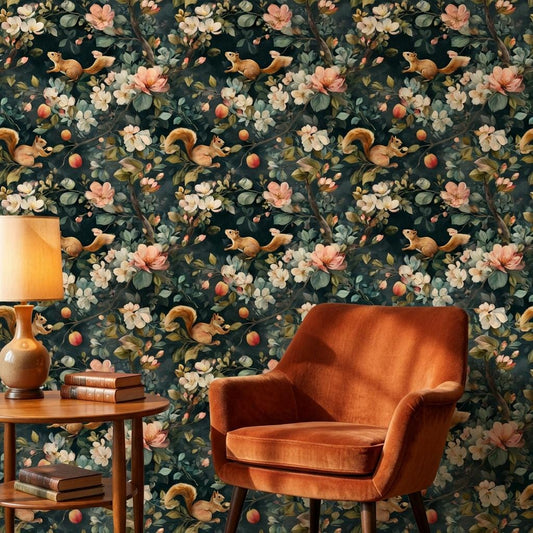 Floral Wallpaper Squirrels Classic Wall Mural