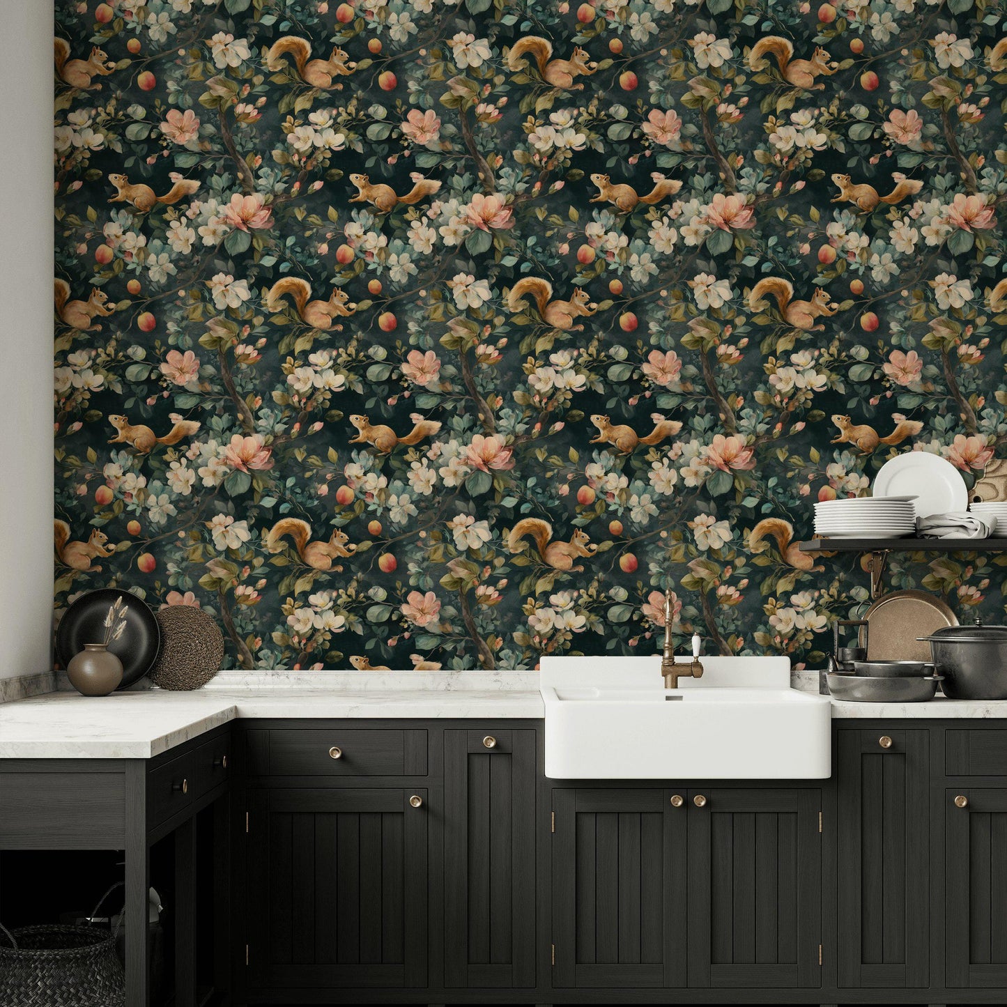 Floral Wallpaper Squirrels Classic Wall Mural