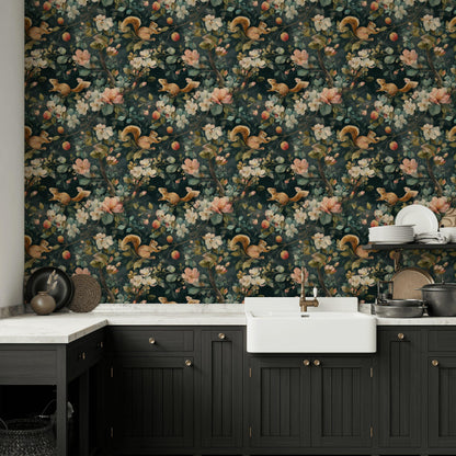 Floral Wallpaper Squirrels Classic Wall Mural