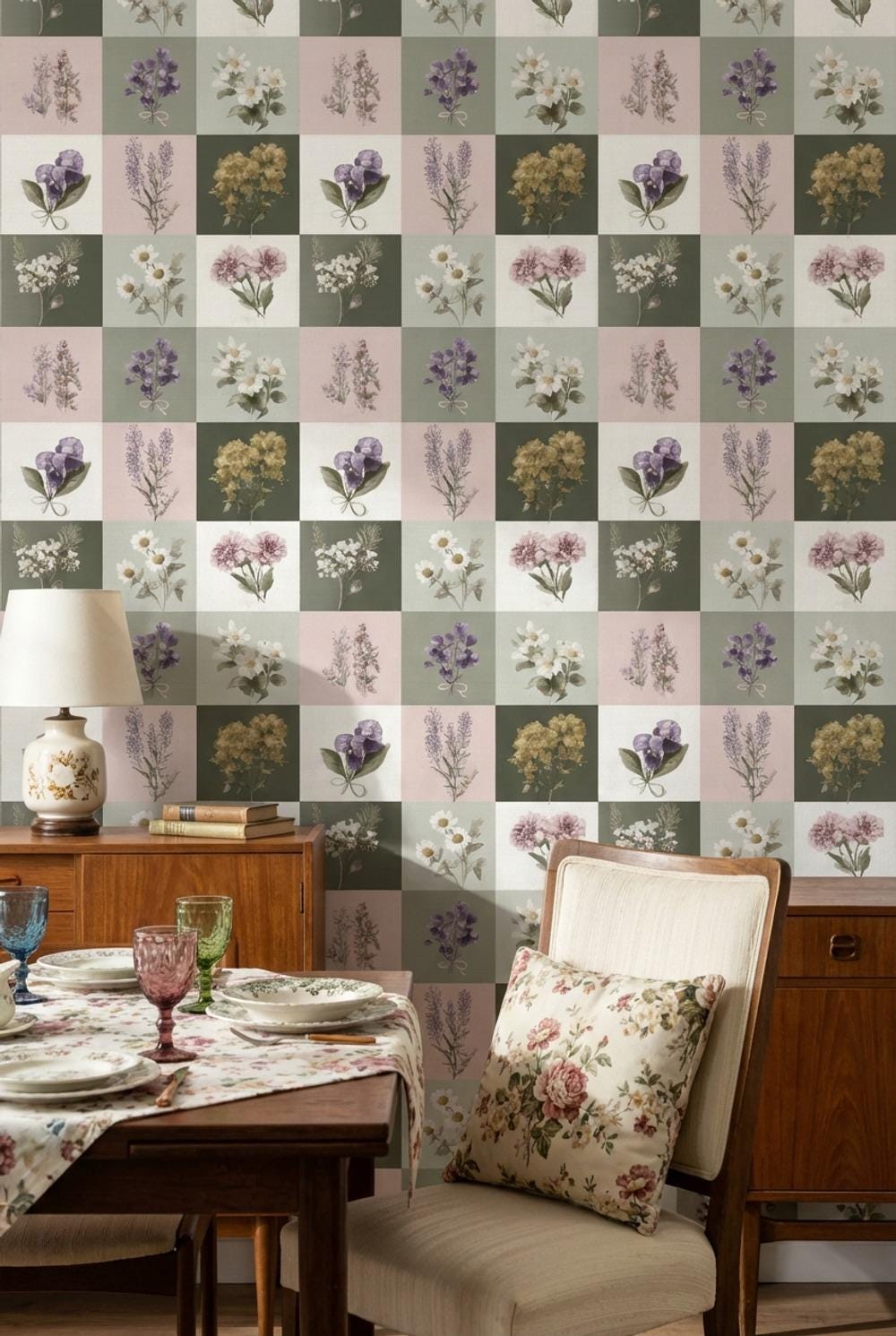 Floral Wallpaper Vintage Checkered Wall Mural