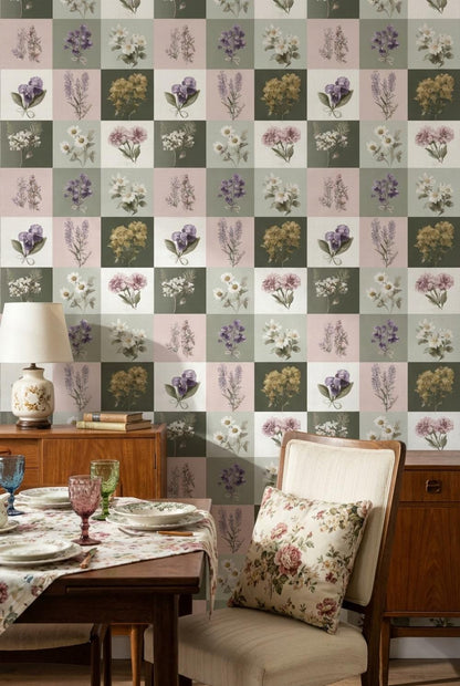 Floral Wallpaper Vintage Checkered Wall Mural
