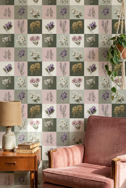 Floral Wallpaper Vintage Checkered Wall Mural