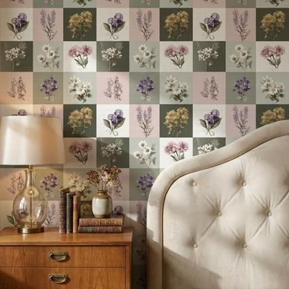 Floral Wallpaper Vintage Checkered Wall Mural