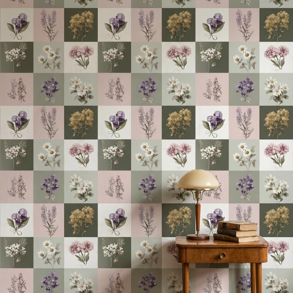 Floral Wallpaper Vintage Checkered Wall Mural