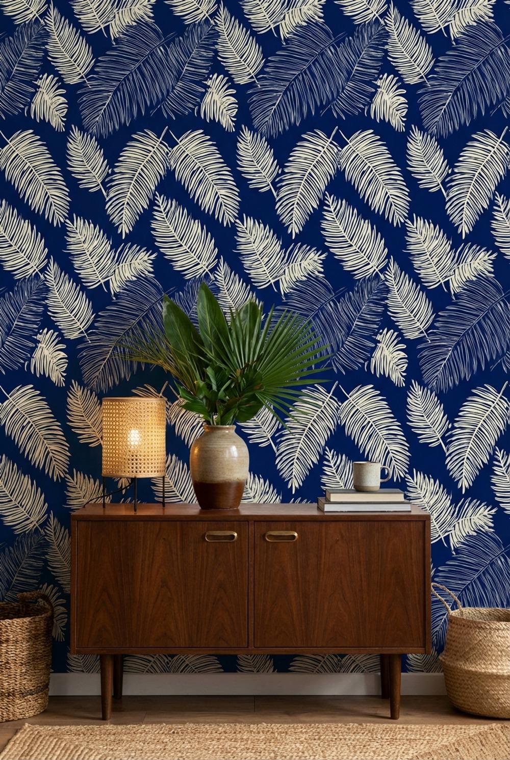 Tropical Wallpaper Palm Leaves Navy Wall Mural