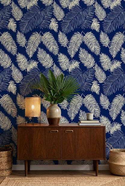 Tropical Wallpaper Palm Leaves Navy Wall Mural