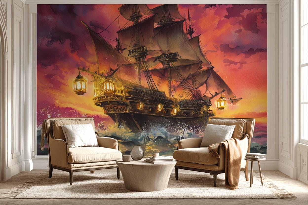 Ship Wallpaper Sunset Ocean Wall Mural