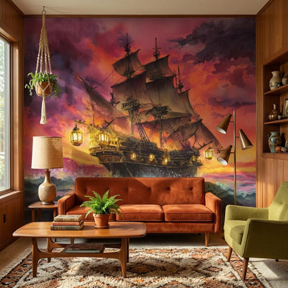 Ship Wallpaper Sunset Ocean Wall Mural