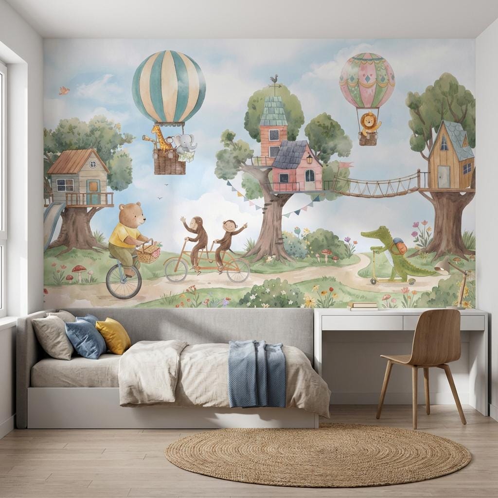 Hot Air Balloon Wallpaper Treehouse Animal Wall Mural