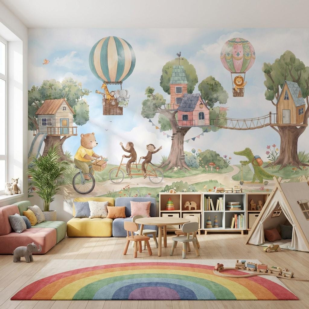 Hot Air Balloon Wallpaper Treehouse Animal Wall Mural