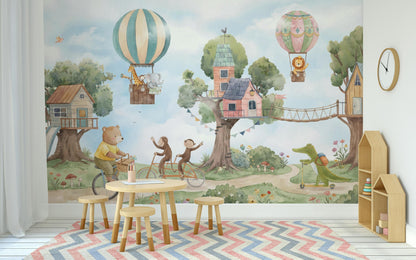 Hot Air Balloon Wallpaper Treehouse Animal Wall Mural