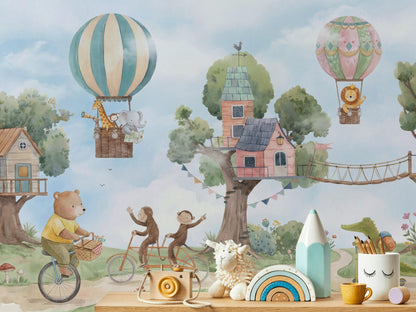 Hot Air Balloon Wallpaper Treehouse Animal Wall Mural