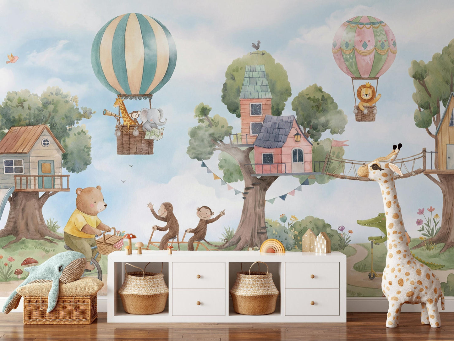 Hot Air Balloon Wallpaper Treehouse Animal Wall Mural
