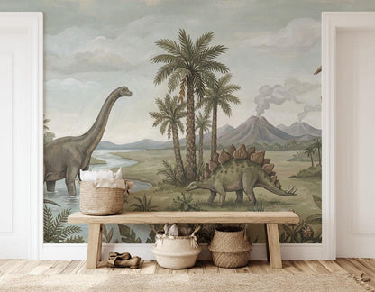 Dinosaurs Landscape Wallpaper Prehistoric Vintage Wall Mural