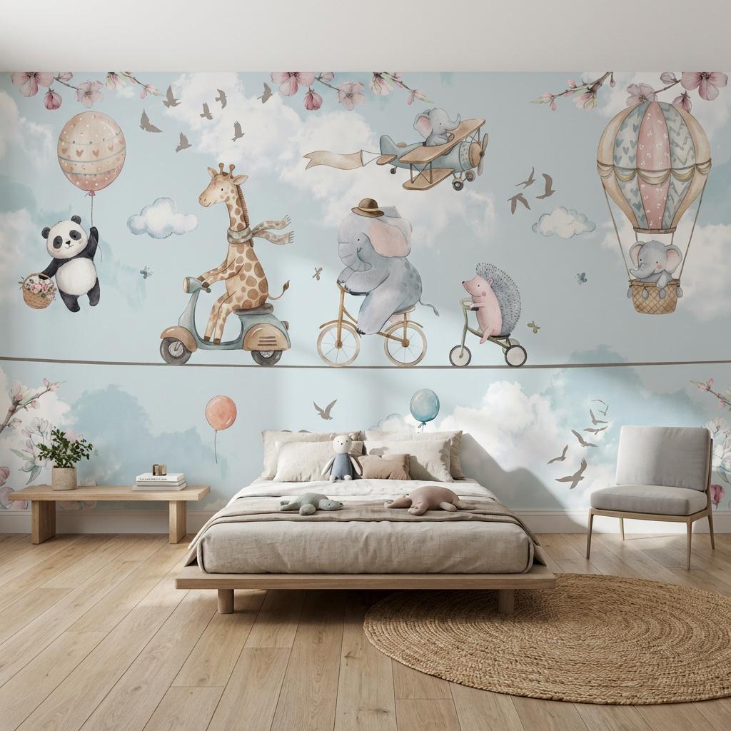 Hot Air Balloon Wallpaper Panda Giraffe Wall Mural