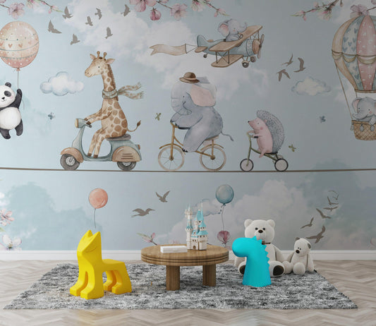 Hot Air Balloon Wallpaper Panda Giraffe Wall Mural