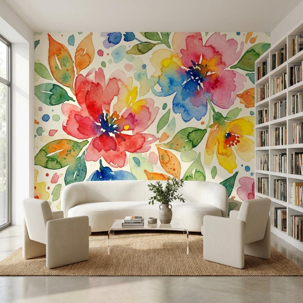 Floral Wallpaper Watercolor Vibrant Wall Mural