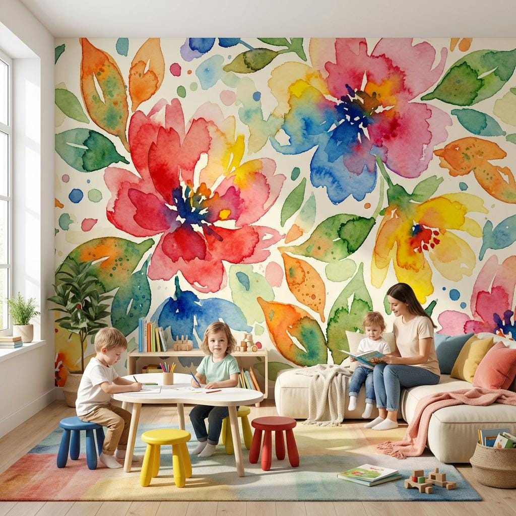 Floral Wallpaper Watercolor Vibrant Wall Mural