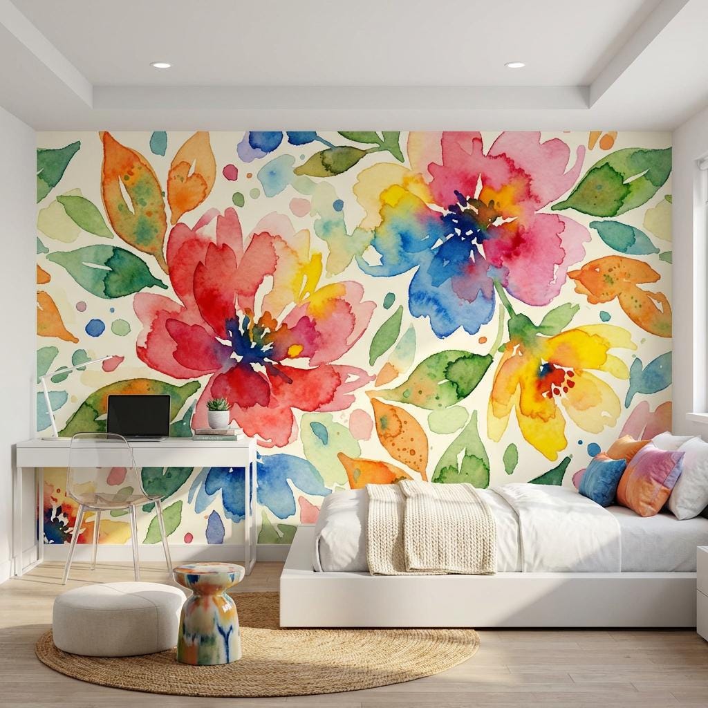 Floral Wallpaper Watercolor Vibrant Wall Mural