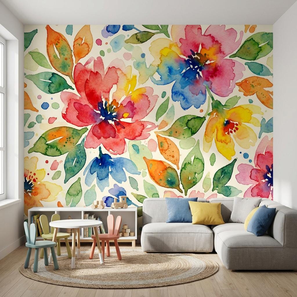 Floral Wallpaper Watercolor Vibrant Wall Mural