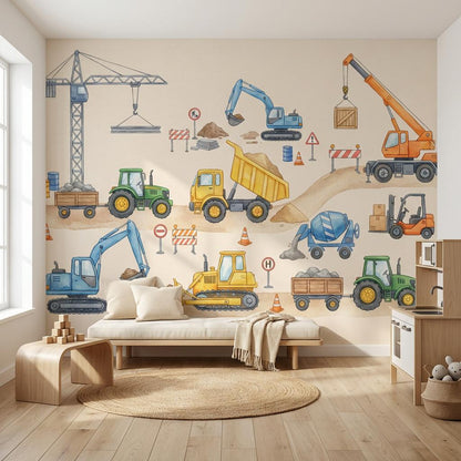 Construction Vehicles Wallpaper Cartoon Playful Wall Mural