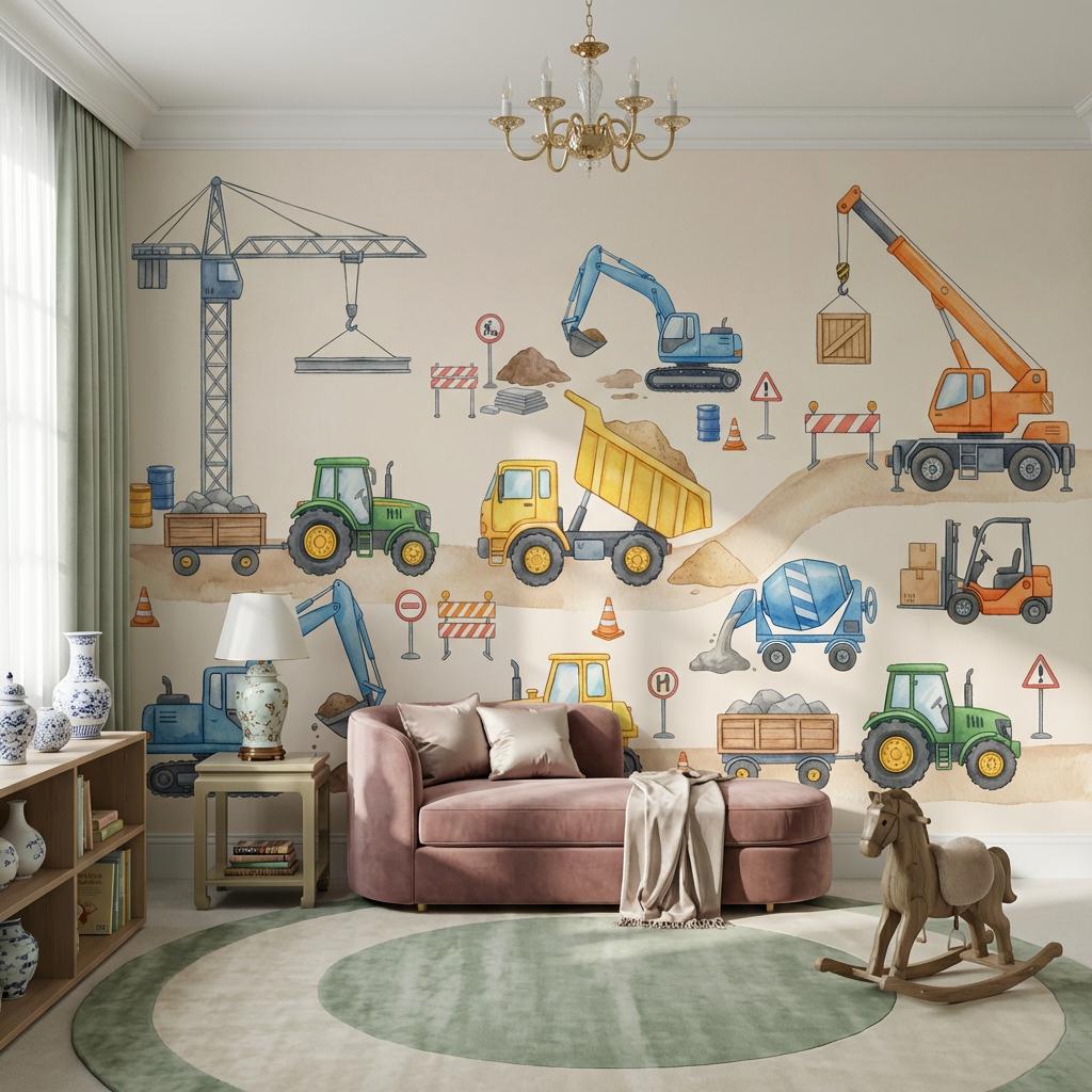Construction Vehicles Wallpaper Cartoon Playful Wall Mural