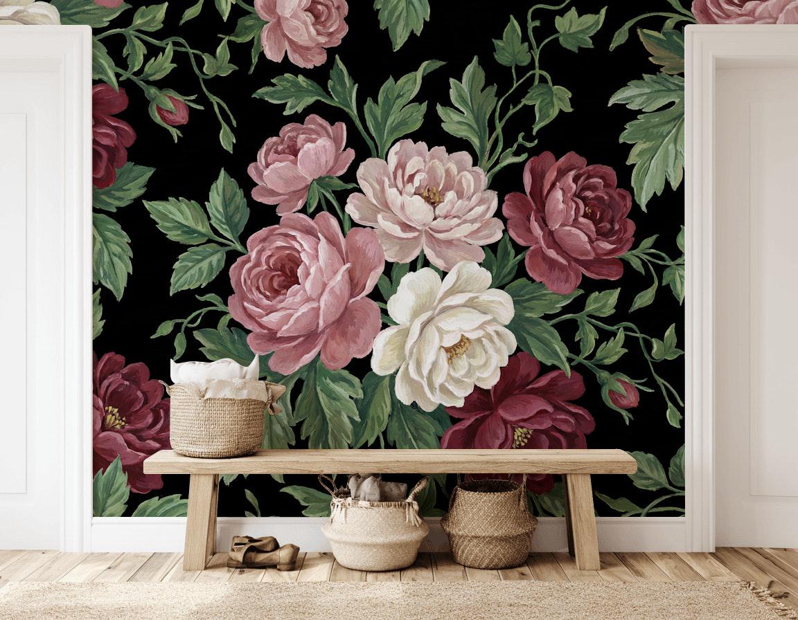 Vintage Wallpaper Floral Solid Black Wall Mural