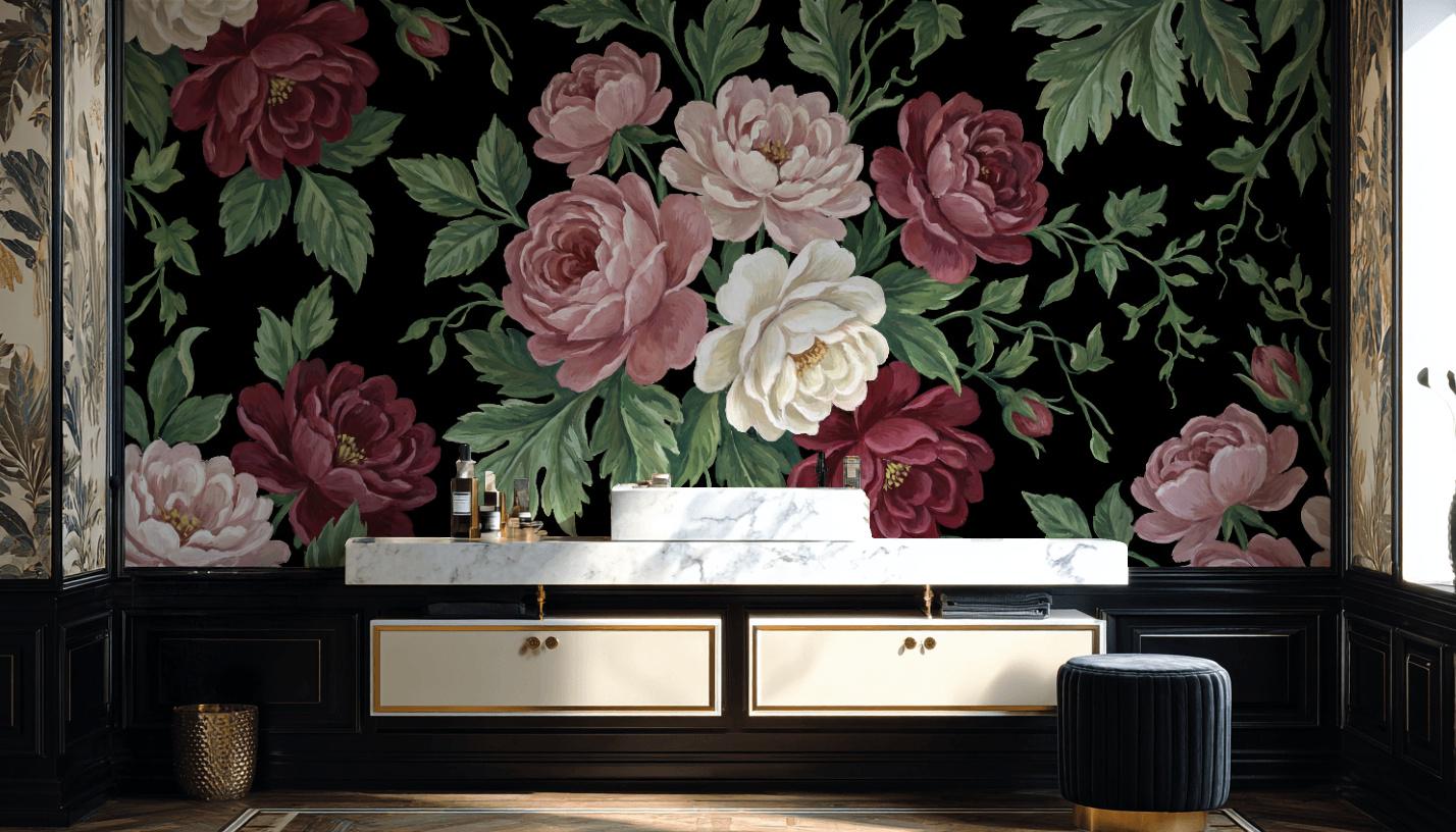 Vintage Wallpaper Floral Solid Black Wall Mural