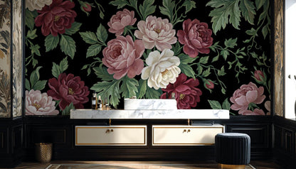 Vintage Wallpaper Floral Solid Black Wall Mural