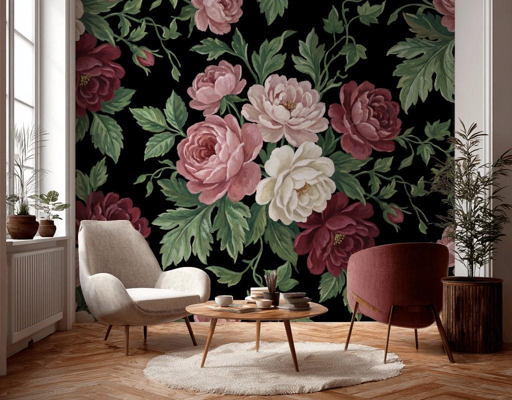 Vintage Wallpaper Floral Solid Black Wall Mural