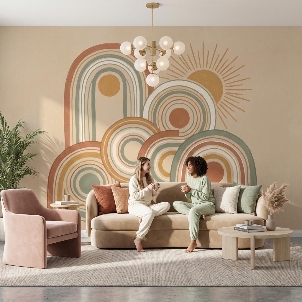 Muted Green Wallpaper Retro Playful Wall Mural