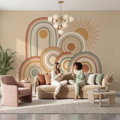Muted Green Wallpaper Retro Playful Wall Mural
