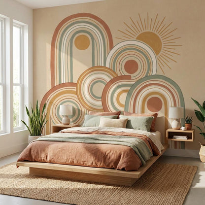 Muted Green Wallpaper Retro Playful Wall Mural