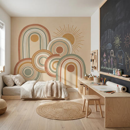 Muted Green Wallpaper Retro Playful Wall Mural