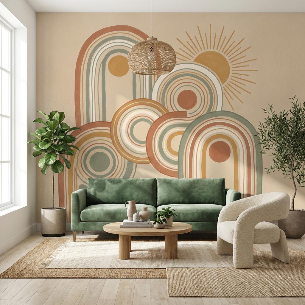 Muted Green Wallpaper Retro Playful Wall Mural