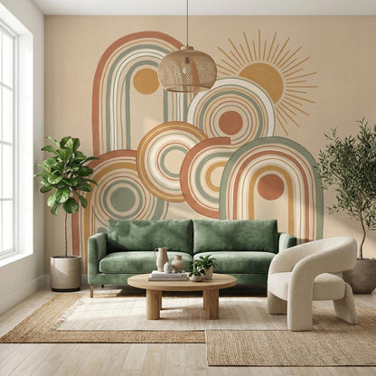 Muted Green Wallpaper Retro Playful Wall Mural