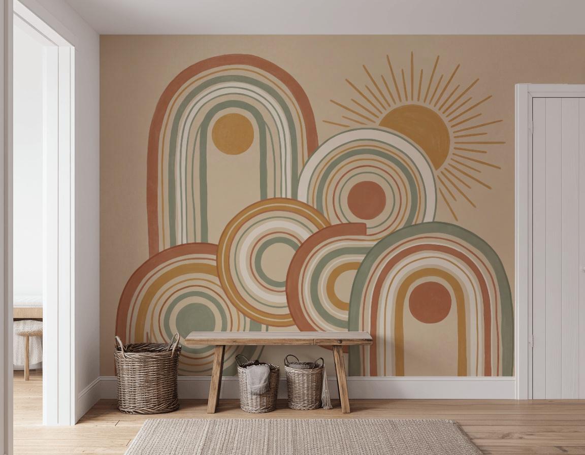Muted Green Wallpaper Retro Playful Wall Mural