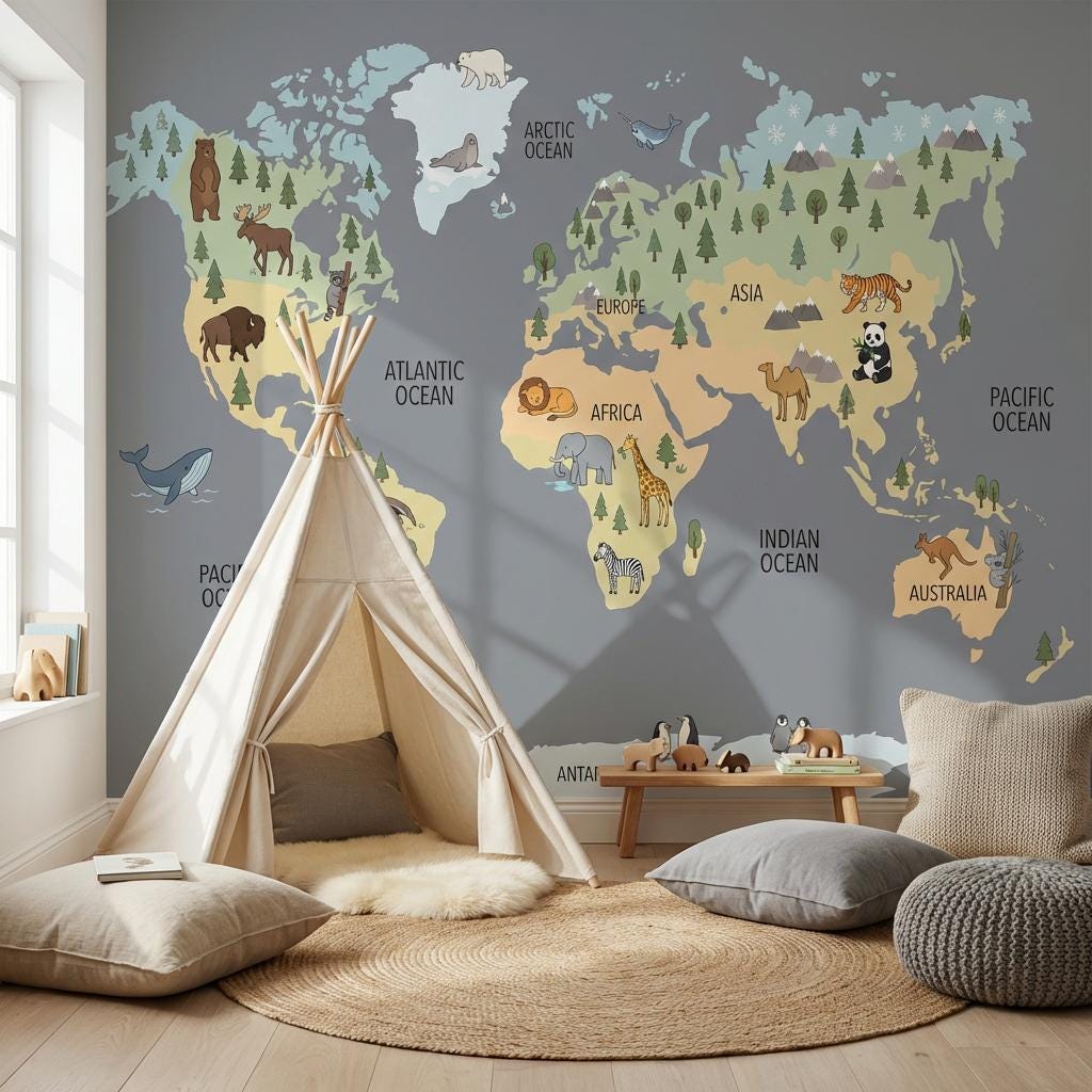 World Map Wallpaper Animal Ocean Wall Mural