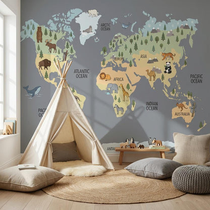 World Map Wallpaper Animal Ocean Wall Mural