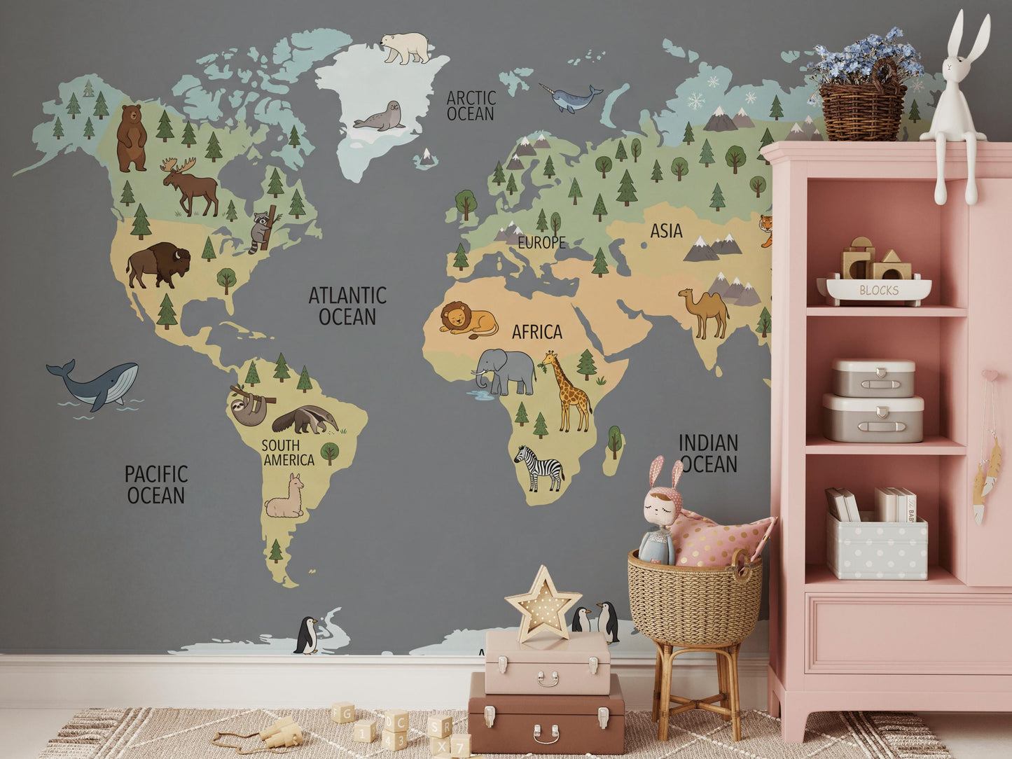 World Map Wallpaper Animal Ocean Wall Mural