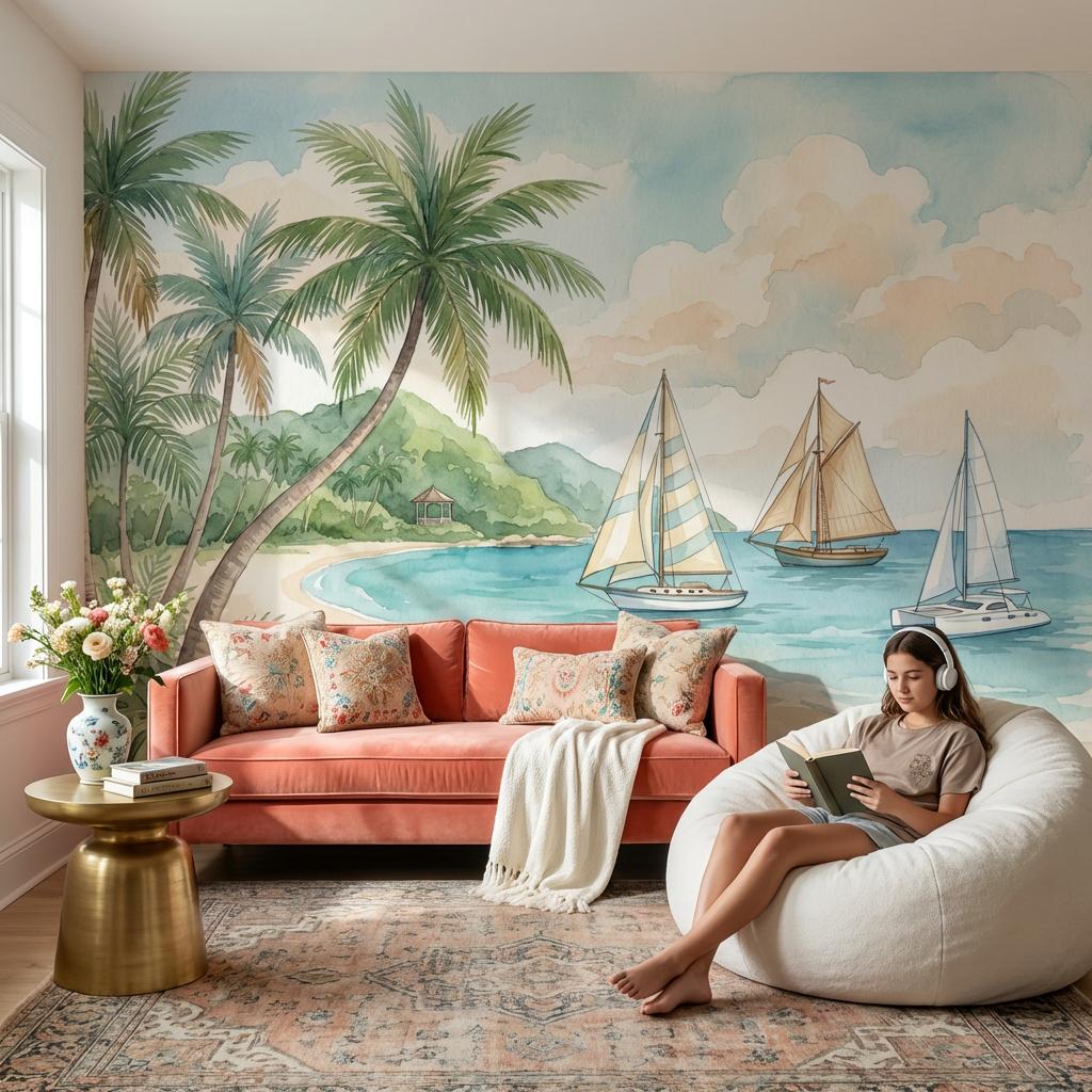 Tropical Beach Wallpaper Palm Trees Sailboats Wall Mural