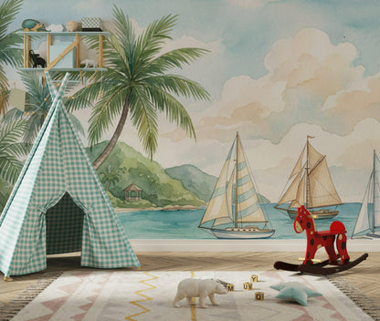 Tropical Beach Wallpaper Palm Trees Sailboats Wall Mural