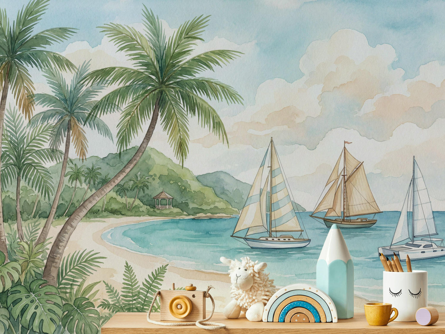 Tropical Beach Wallpaper Palm Trees Sailboats Wall Mural