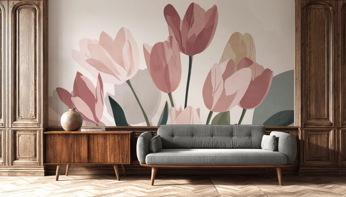 Muted Green Wallpaper Floral Modern Wall Mural