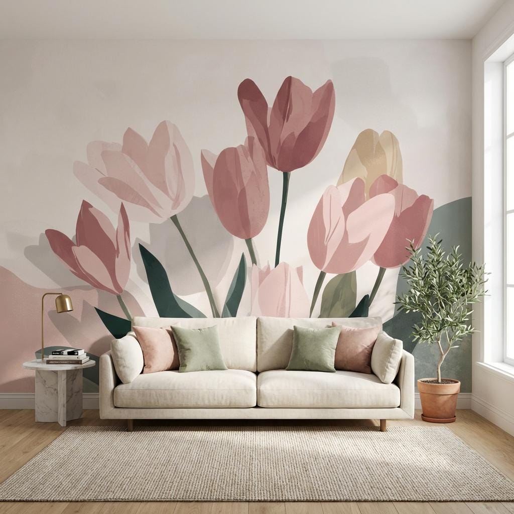 Muted Green Wallpaper Floral Modern Wall Mural
