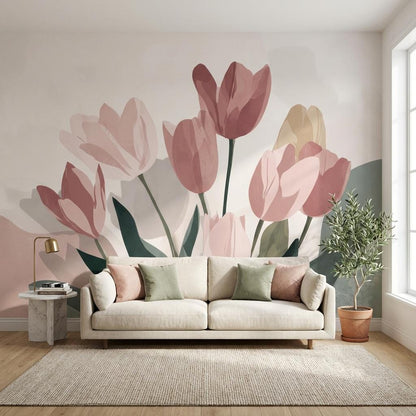 Muted Green Wallpaper Floral Modern Wall Mural