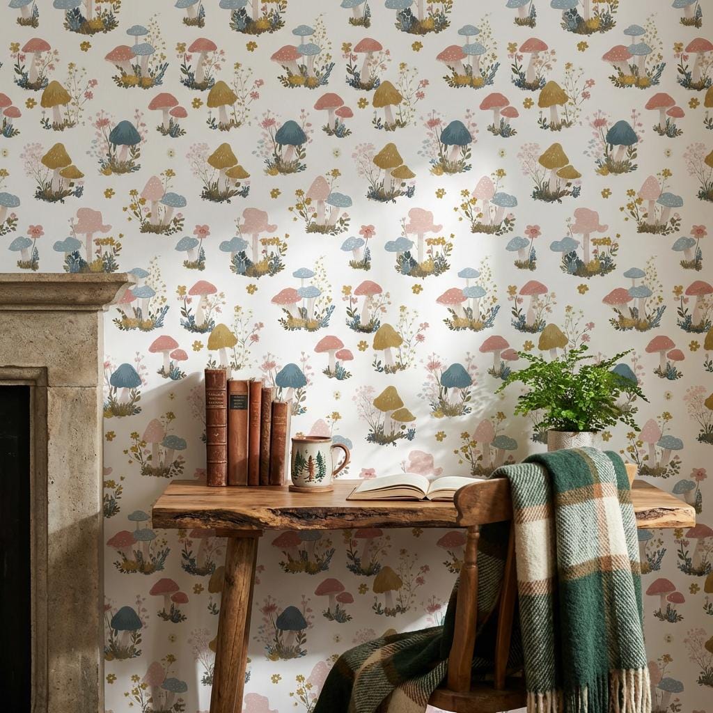 Mushrooms Wallpaper Floral Whimsical Wall Mural