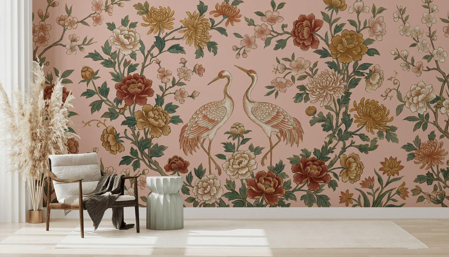 Cranes Wallpaper Floral Oriental Wall Mural
