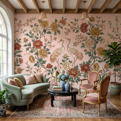 Cranes Wallpaper Floral Oriental Wall Mural
